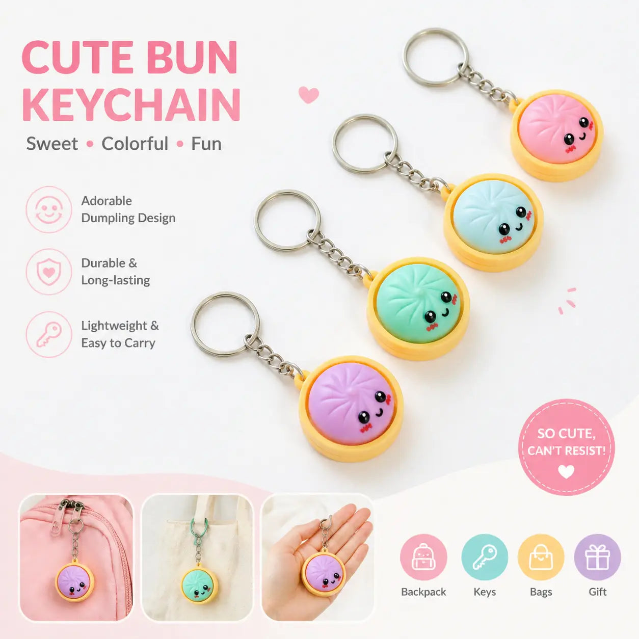Mini Dumpling Keychain – Cute Cartoon Charm for Bags, Backpacks & Keys, Perfect Gift for Kids, Soft and Sturdy